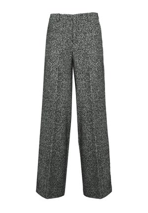 Pantaloni a gamba larga in misto lana con un motivo a macchie grigie e nere, caratterizzati da una vita alta e senza tasche esterne. Texture morbida.