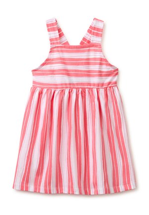 Roze-wit gestreept mouwloos peuterjurkje met een geplooide taille en schouderbandjes die kruisen aan de achterkant.