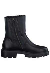 Sorte lær ankle boots med sideglidelås, teksturert overflate og en robust gummisåle med et mønster for godt grep.