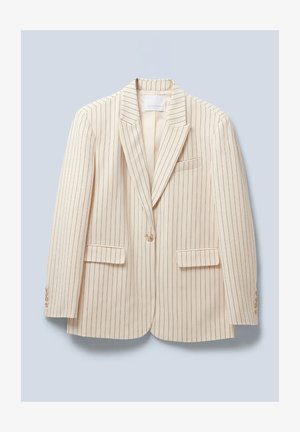 Šviesių smėlio spalvos švarkas su vertikaliomis juodomis juostelėmis, vieno mygtuko uždarymas, išpjovos apykaklė, dvi priekinės kišenės ir mygtukais užsegamos rankovės. Lygi medžiagos tekstūra.