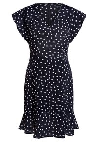 Robe noire à pois avec un décolleté en V, des manches courtes à volants, une taille cintrée et un ourlet froncé. Le matériau semble léger et lisse.