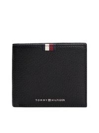 Portefeuille en cuir noir avec une surface texturée, une accent rayé en rouge, blanc et marine, et un logo embossé en argent en bas.