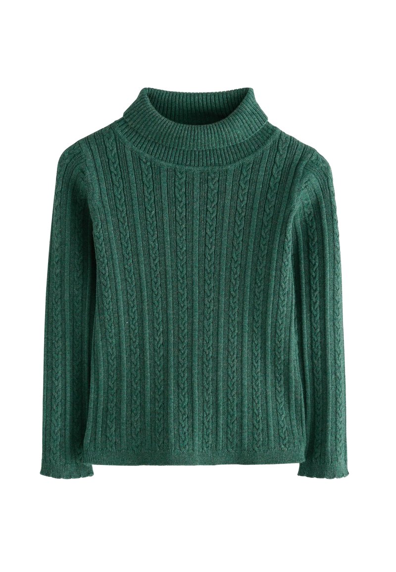 Pull en col roulé en tricot vert avec des motifs verticaux et des manches longues, présenté sur fond blanc.