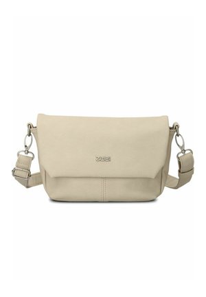Beige crossbody bag with flap closure, adjustable strap, silver-tone clasps, and small brand logo centered on the front.