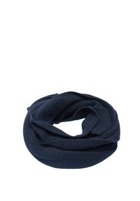 Granatowy, dzianinowy szalik typu infinity z fakturowanym, prążkowanym wzorem, wykonany z miękkiego materiału otaczającego szyję w ciągłej pętli.