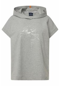 Sweatshirt gris à manches courtes avec capuche, affichant un dessin de visage et des moustaches en ligne blanche sur le devant. Accent orange notable au niveau du col.