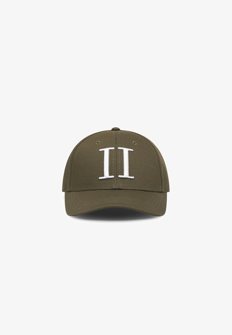 Olive green baseball cap with a curved visor. Features white stitched "II" on the front, made from fabric with a smooth texture.