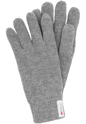 Grå strikkede handsker med fem-finger design, der har en tekstureret finish og 3M Thinsulate label på manchetten for isolering.