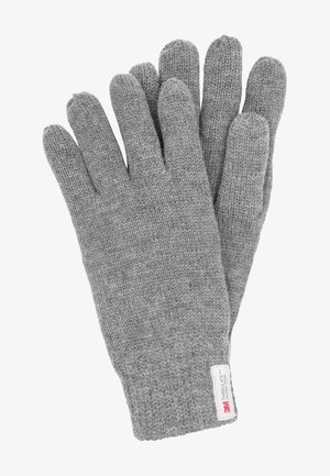 Guanti lavorati a maglia grigi con design a cinque dita, caratterizzati da una finitura testurizzata e un'etichetta 3M Thinsulate sul polsino per l'isolamento.