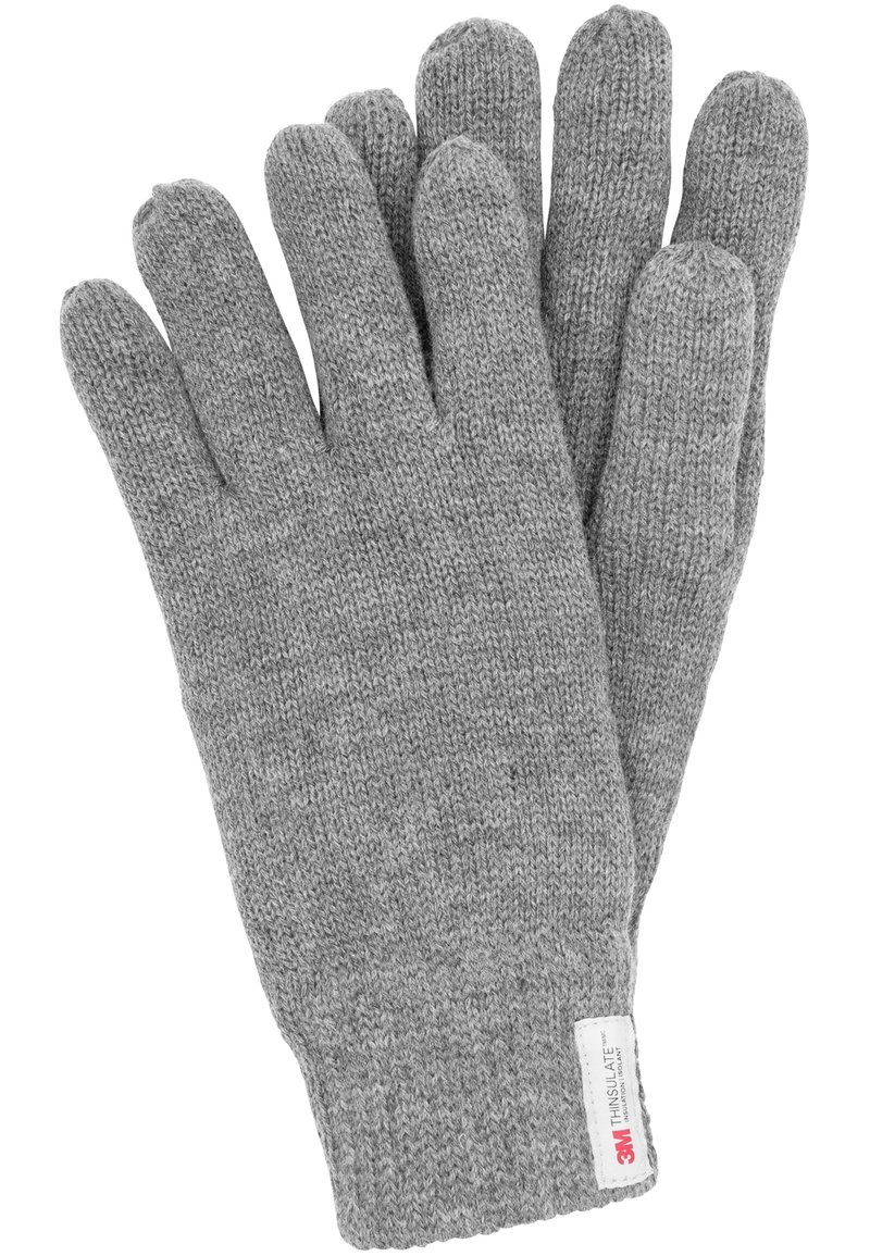 Grå strikkede handsker med fem-finger design, der har en tekstureret finish og 3M Thinsulate label på manchetten for isolering.