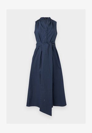 Μίντι φόρεμα σε σκούρο μπλε χωρίς μανίκια με κουμπιά μπροστά, υψηλό γιακά με βολάν και φαρδιά ζώνη μέσης με δέσιμο.