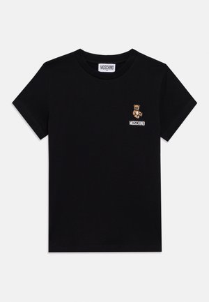 Black cotton t-shirt featuring a small embroidered teddy bear and "MOSCHINO" text in white. Classic crew neck and short sleeves.