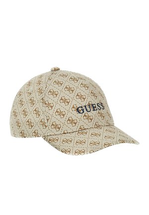 Casquette de baseball beige avec motif de logo marron répété et broderie bleue « "GUESS" » à l’avant, vue de côté sur fond blanc.