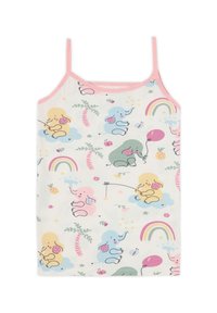 Camisole dalam kain ringan yang menampilkan pola gajah yang menyenangkan dalam warna pastel, dengan trim merah muda dan tali spaghetti yang dapat disesuaikan.