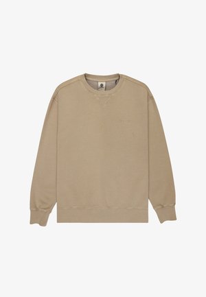 Beige sweatshirts med rund halsudskæring, ribbestrikket krave og manchetter, med et diskret logo på forsiden. Glat tekstur og afslappet pasform.