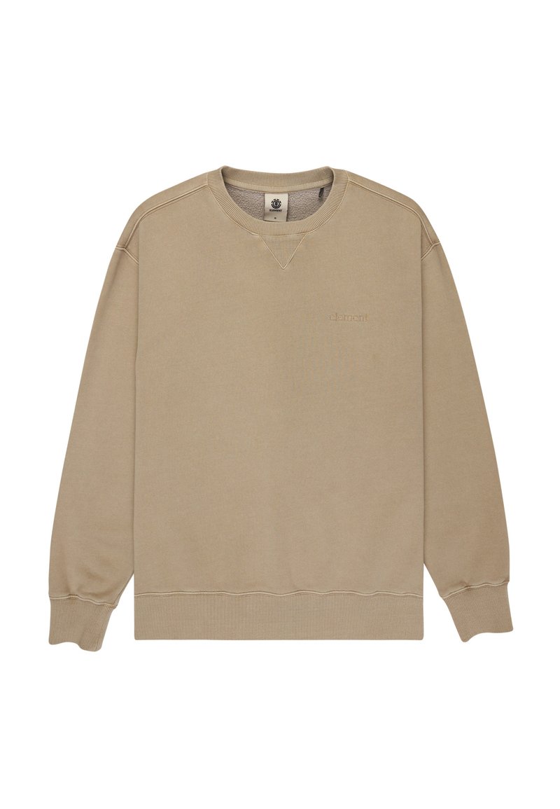 Beige Sweatshirt mit Rundhalsausschnitt, geripptem Kragen und Bündchen, auf der Vorderseite mit dezentem Logo. Glatte Textur und lässige Passform.