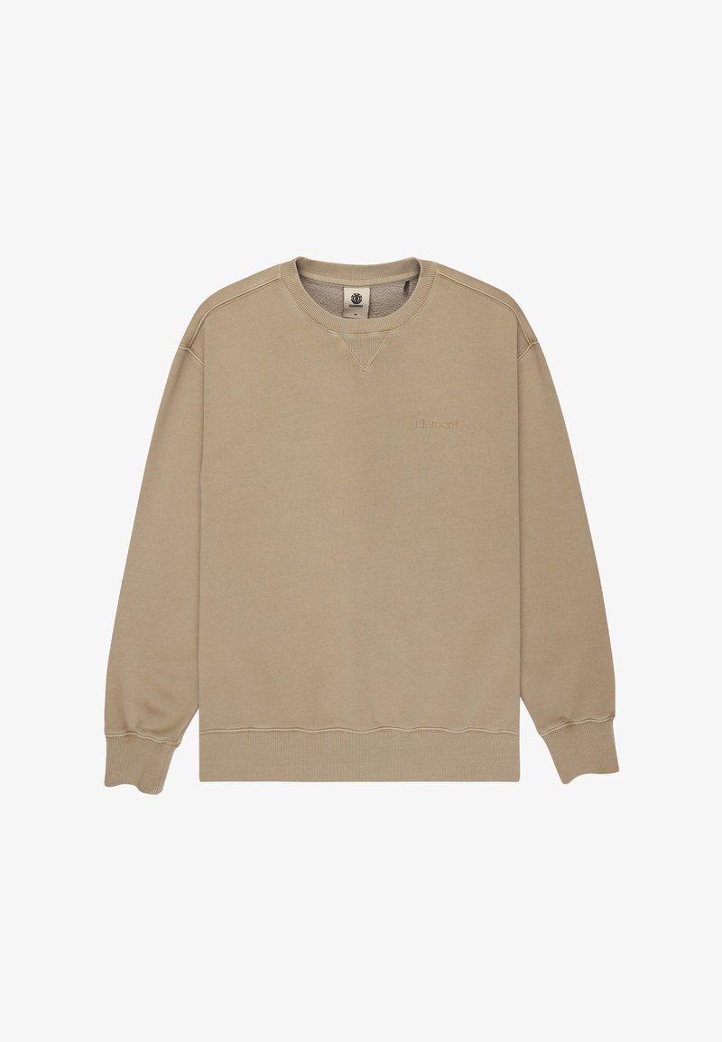 Sweatshirt beige à col rond avec un col et des poignets côtelés, arborant un logo discret à l'avant. Texture lisse et coupe décontractée.