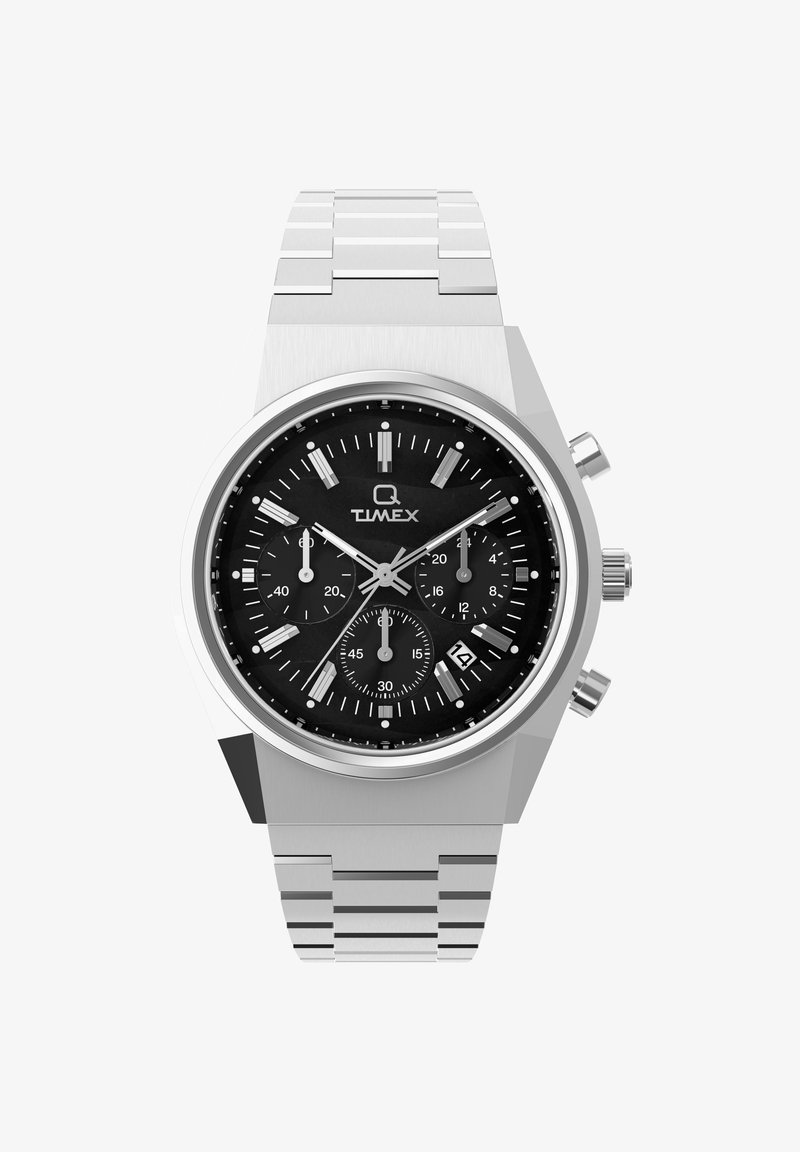 Hõbedane metallkell musta numbriga, kolme alamuudatiga, hõbedaste tundemarkide ja kuupäeva näidikuga. Varustatud roostevabast terasest käevõruga.