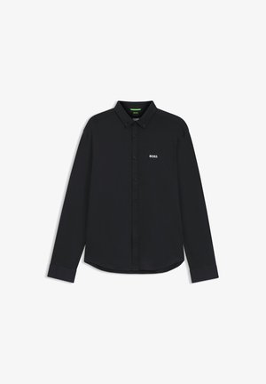 Schwarzes Langarmshirt aus Baumwollmischgewebe. Verfügt über einen klassischen Kragen, Knopfleiste vorne und ein kleines weißes "BOSS"-Logo auf der Brust.