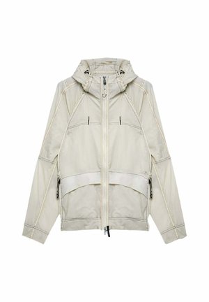 Giacca con cappuccio beige chiaro con zip frontale, tasche laterali con zip e dettagli di cuciture visibili sulle maniche e sui pannelli anteriori.