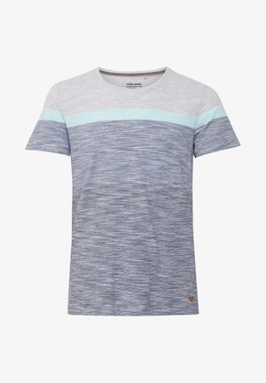 Short-sleeve t-shirt in light gray and blue hues, featuring horizontal stripes and a textured, blended fabric. Small logo patch at hem.