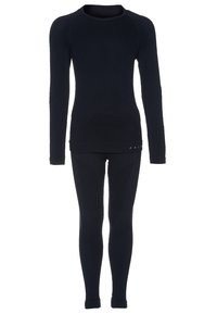 Haut thermique noir à manches longues avec col rond et manches longues, associé à des leggings thermiques noirs ajustés. Fabriqué en tissu lisse et extensible.