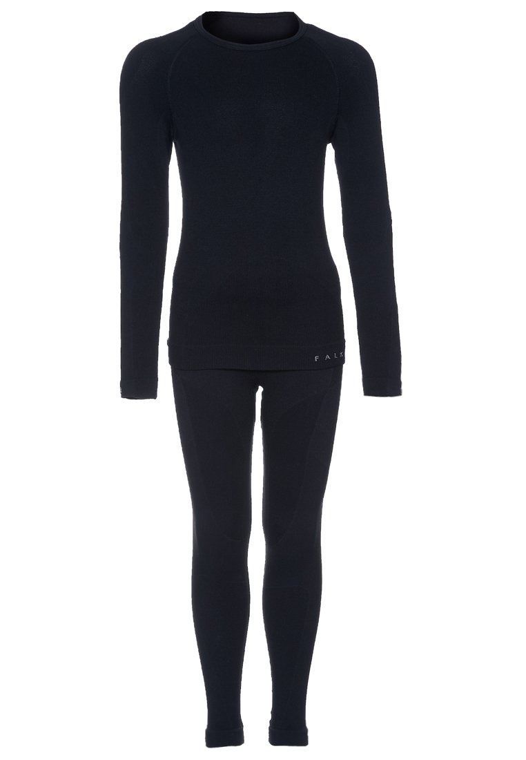 Haut thermique noir à manches longues avec col rond et manches longues, associé à des leggings thermiques noirs ajustés. Fabriqué en tissu lisse et extensible.
