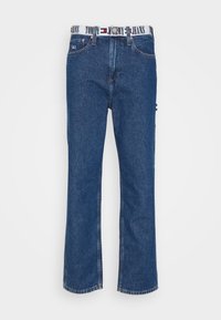 Blå denimjeans med rak benpassform och ett kontrasterande midjeband med "TOMMY JEANS"-tryck. Inkluderar fram- och bakfickor.