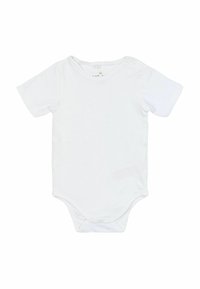 Bodysuit blanc à manches courtes en coton doux. Doté d'un col rond et de fermetures à pression à la base pour un habillage facile et des changements de couche.