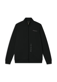 Felpa nera con zip realizzata in un morbido tessuto testurizzato. Presenta un colletto alla coreana e dettagli testuali stampati sulla parte anteriore. Logo sul petto.
