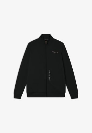 Felpa nera con zip realizzata in un morbido tessuto testurizzato. Presenta un colletto alla coreana e dettagli testuali stampati sulla parte anteriore. Logo sul petto.