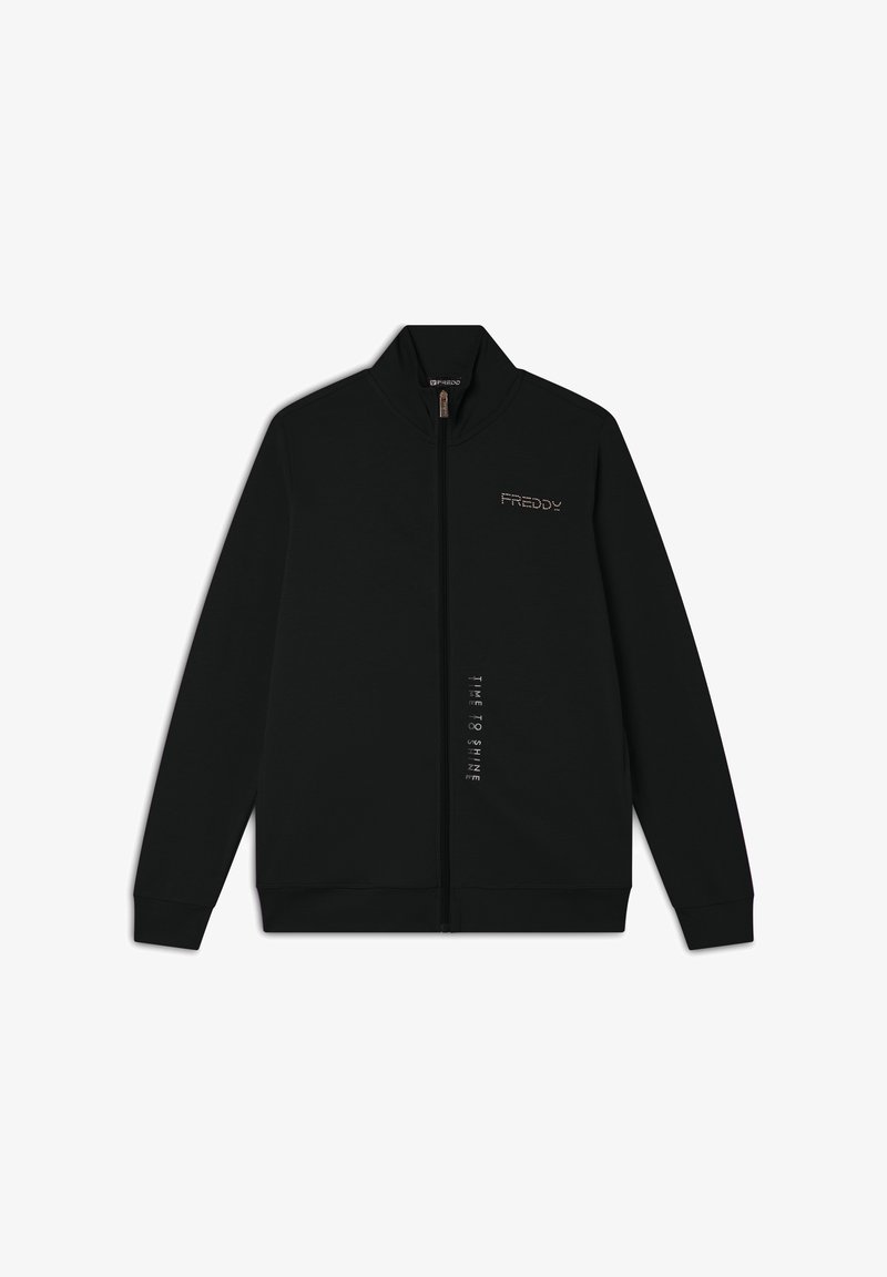 Sweat à fermeture éclair noir en tissu doux et texturé. Doté d'un col montant et d'imprimés textuels sur le devant. Logo sur la poitrine.