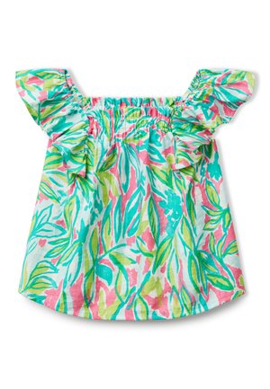 Haut floral avec des volants dénudés, présentant un motif coloré de feuilles vertes, roses et bleues sur un fond blanc. Matériau en coton.