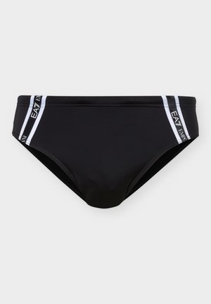 Μαγιό σορτς για άνδρες σε μαύρο χρώμα με λευκές διαγώνιες ρίγες στα πλάγια και με λογότυπο EA7 Emporio Armani.