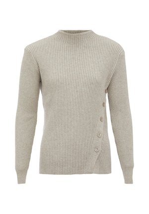 Beige bordázott pulóver álló gallérral, hosszú ujjal, és egy átlós gombsorral, amelyen öt gomb található a bal oldalon.