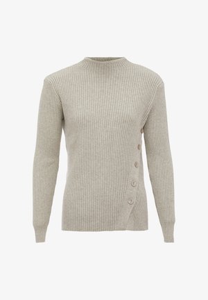 Beige geripptes Sweatshirt mit einem hohen Kragen, langen Ärmeln und einer schrägen Knopfleiste mit fünf Knöpfen auf der linken Seite.