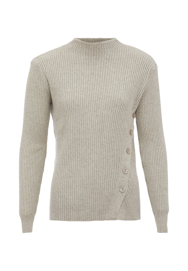 Maglione beige a costine con collo alto, maniche lunghe e una chiusura a bottoni diagonale con cinque bottoni sul lato sinistro.
