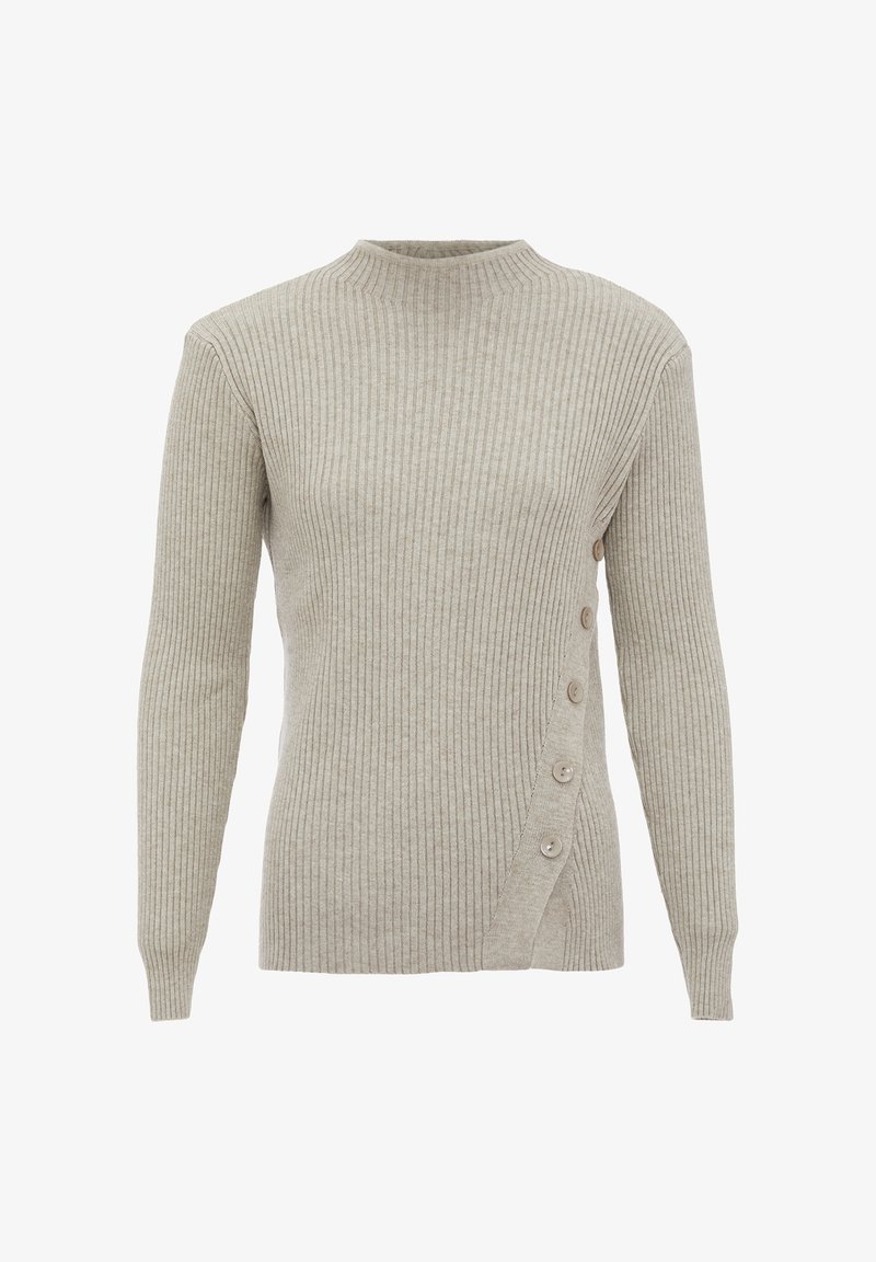 Beige bordázott pulóver álló gallérral, hosszú ujjal, és egy átlós gombsorral, amelyen öt gomb található a bal oldalon.