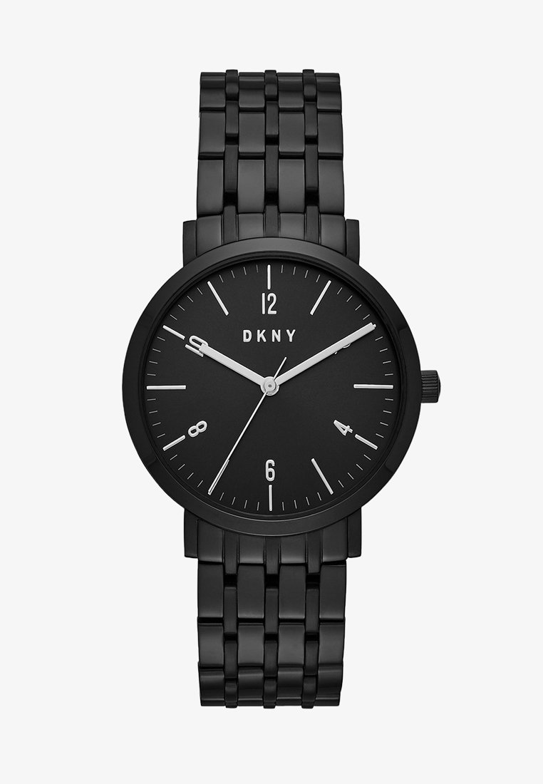 Montre-bracelet noire DKNY avec cadran rond, aiguilles des heures, minutes et secondes argentées, index des heures argentés, et bracelet métallique à maillons.