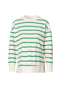 Sweater met lange mouwen van katoen, voorzien van een crèmekleurige achtergrond met dikke groene strepen, een ronde halslijn en zijsplitten aan de zoom.