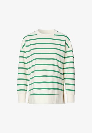 Sweater met lange mouwen van katoen, voorzien van een crèmekleurige achtergrond met dikke groene strepen, een ronde halslijn en zijsplitten aan de zoom.