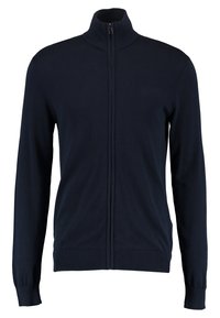 Marinblå zip-up-tröja med hög krage, ribbade manschetter och nederkant. Tillverkad av ett slätt, stickat material utan synliga mönster eller grafik.