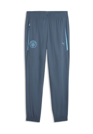Mørkegrå træningsbukser med lyseblå sidestriber, elastisk taljebånd og manchetter, Manchester City-logo på venstre lår og Puma-logo på højre lår.