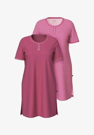 To lyserøde nattøjskjorter med korte ærmer, den ene ensfarvet med dekorativ kant, den anden med hvidt geometrisk mønster, begge knælange med sideslidser.