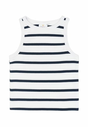 Haut blanc sans manches avec des rayures horizontales bleu marine, texture côtelée, et un col rond. Dos uni sans détails supplémentaires.