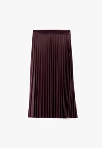 Jupe midi plissée en bordeaux profond, avec une texture lisse et brillante, une taille ajustée et des plis verticaux pour une silhouette fluide.