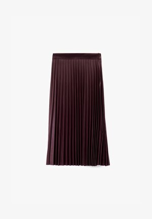 Falda midi con plisados en un profundo burdeos, que presenta una textura suave y brillante, una cintura ajustada y plisados verticales que aportan una silueta fluida.