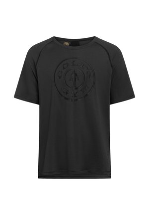 Schwarzes, kurzärmeliges, strukturiertes Sportshirt mit rundem Ausschnitt und geprägtem Gold's Gym-Logo auf der Brust.
