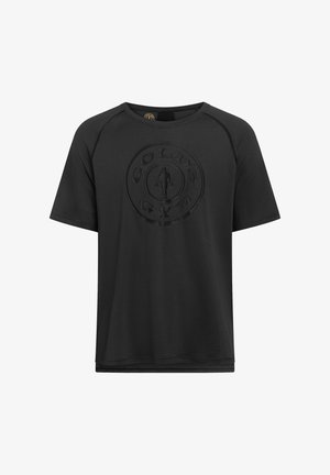Schwarzes, kurzärmeliges, strukturiertes Sportshirt mit rundem Ausschnitt und geprägtem Gold's Gym-Logo auf der Brust.