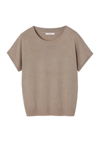 Bež bež majica s kratkimi rokavi in okroglim izrezom, mehke teksture in sproščenega kroja. Ponaša se z diskretnim šivom ob robu in rokavih.